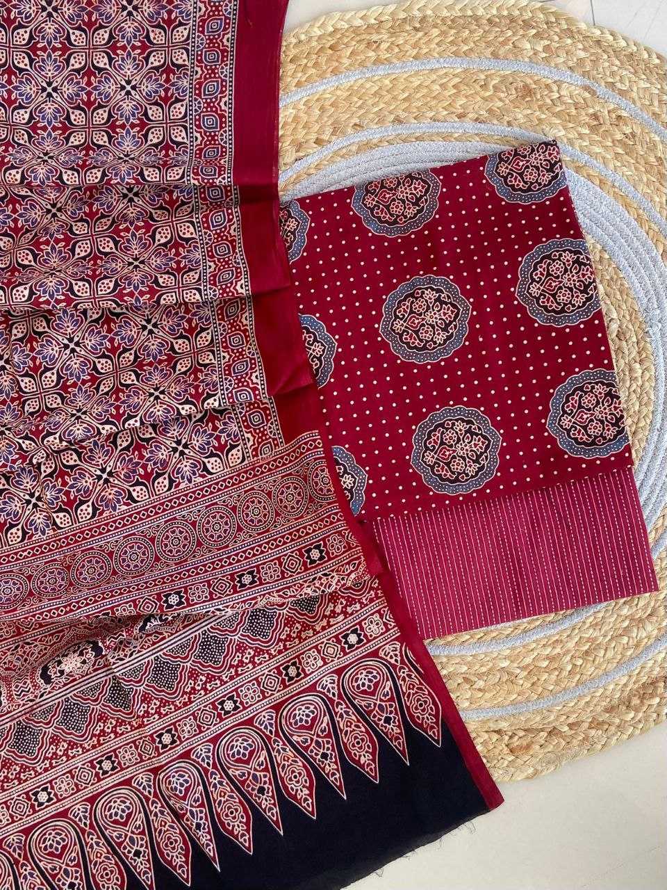 Ajrakh Cotton Suit Set With Cotton Dupatta – Premium Collection