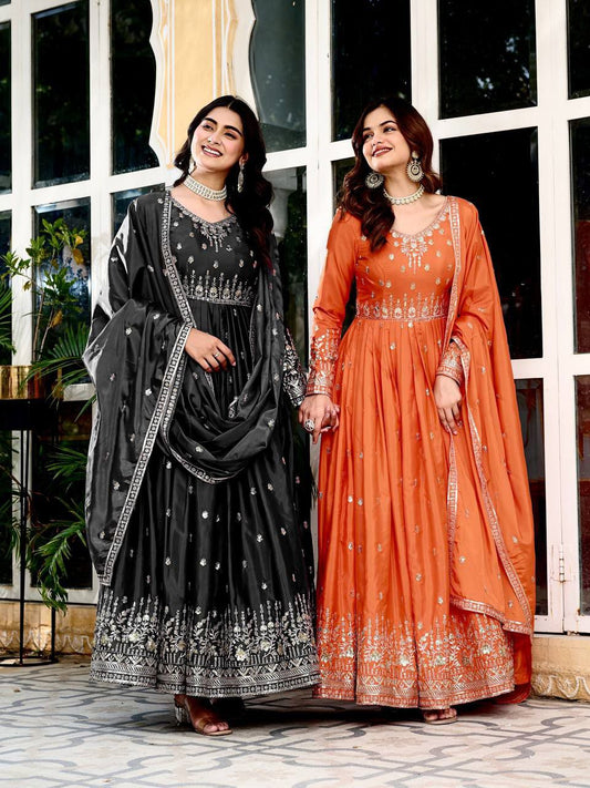 Exclusive Designer American Silk Anarkali (Gwon) Set with Pent & Dupatta