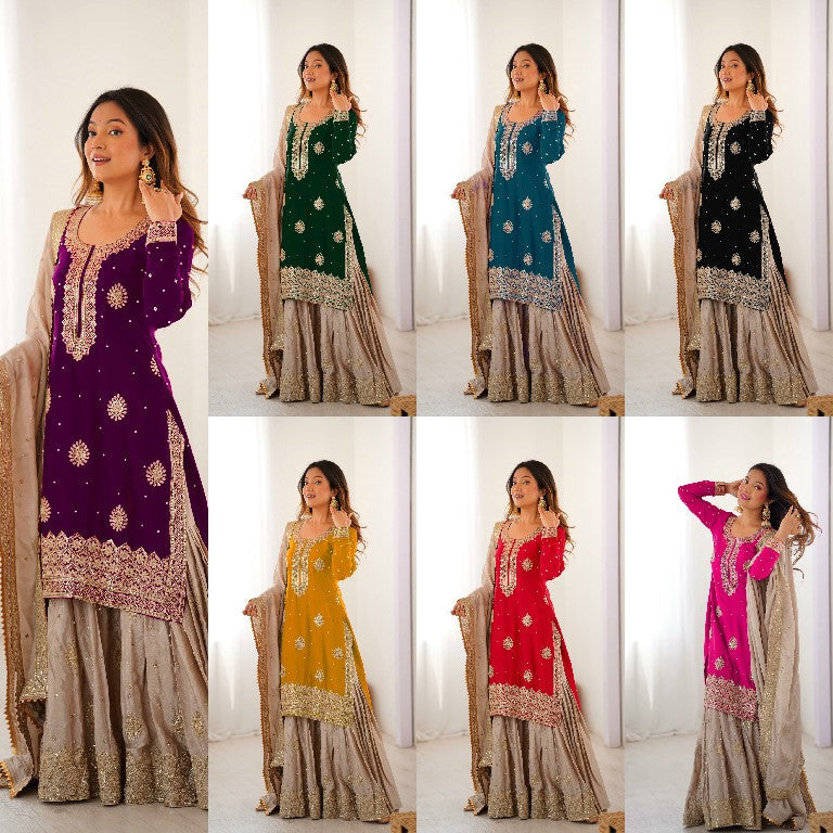 Pearl Majesty Chinon Silk Embroidered Sharara Set