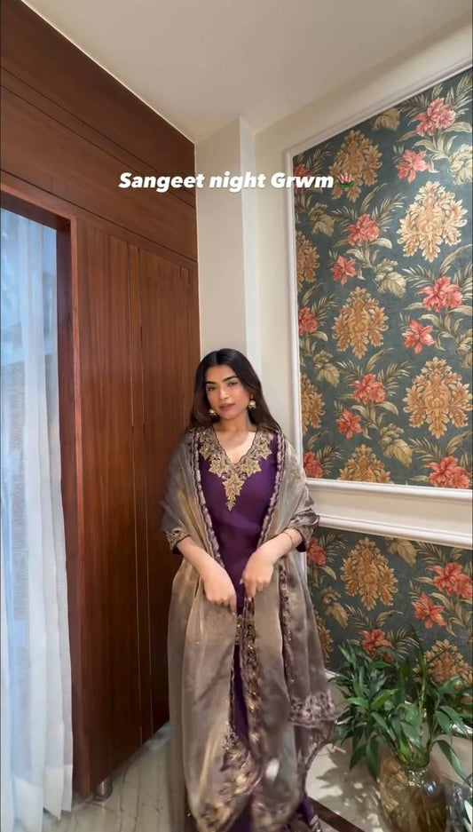 Designer Party Wear Chinnon Silk Heavy Embroidery Palazzo Set