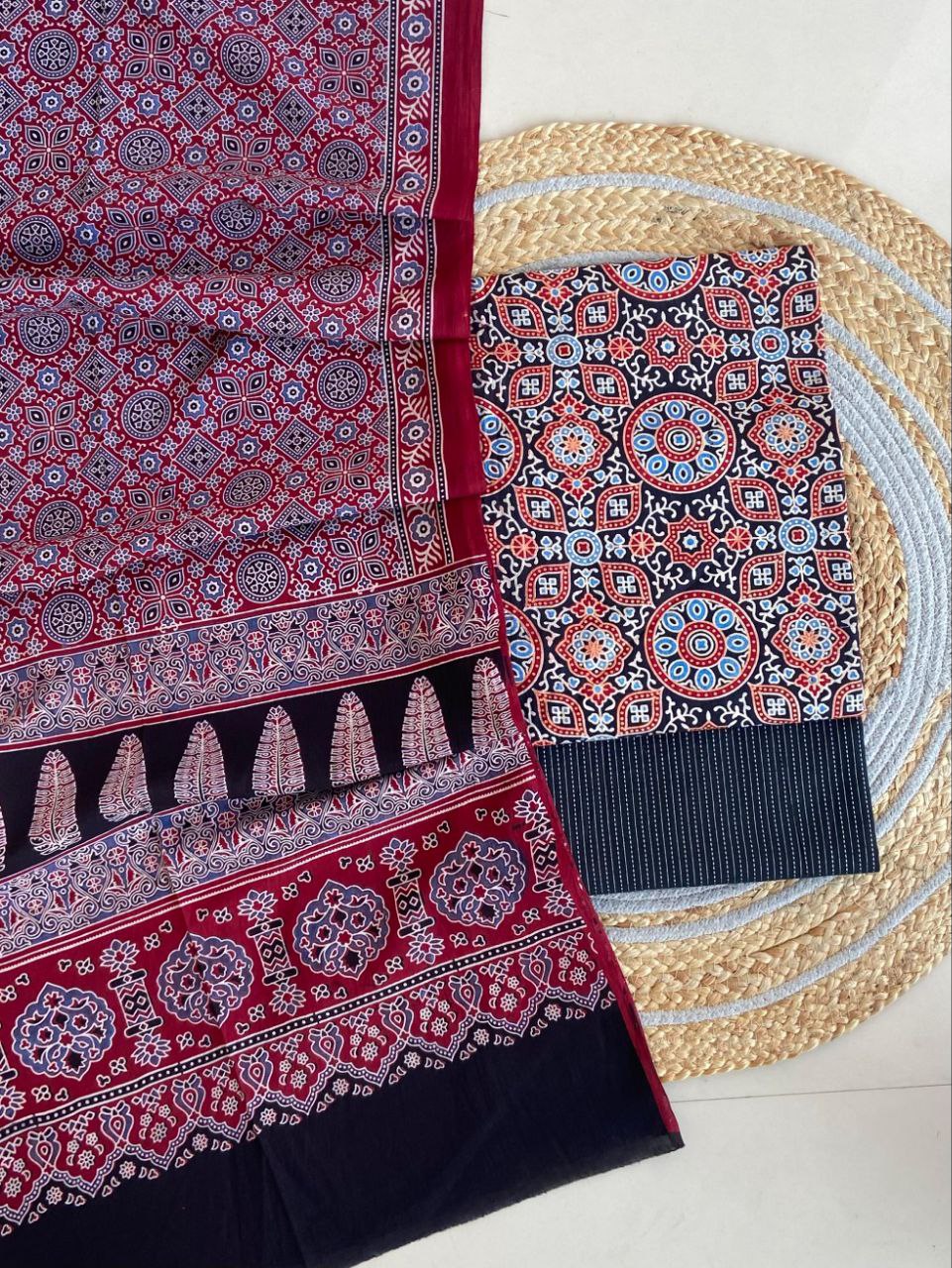 Ajrakh Cotton Suit Set With Cotton Dupatta – Premium Collection