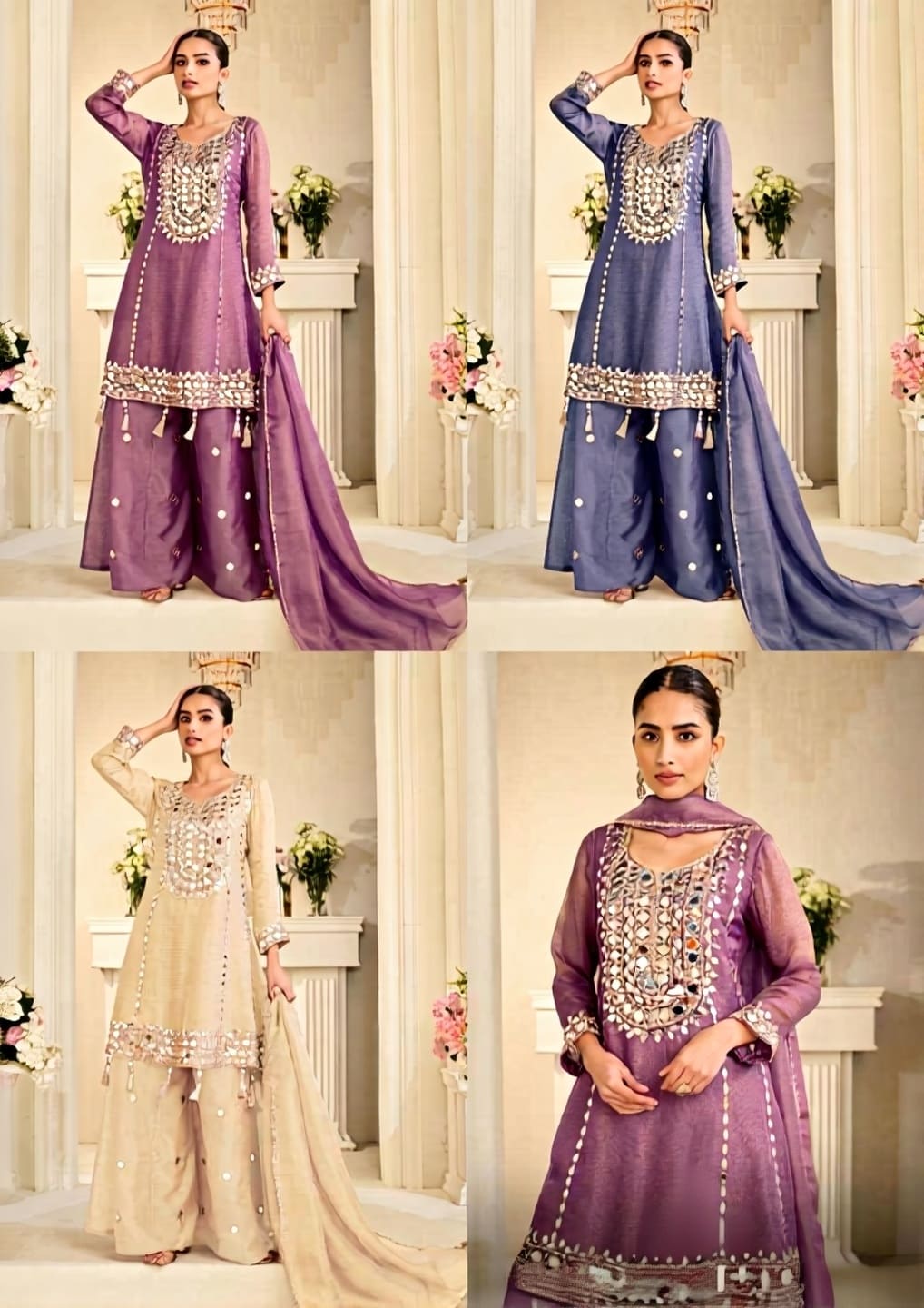 Elegant Mirror Work Simar Silk Partywear Sharara Suit