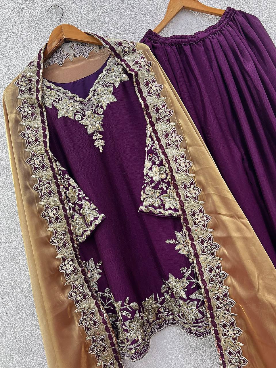 Designer Party Wear Chinnon Silk Heavy Embroidery Palazzo Set