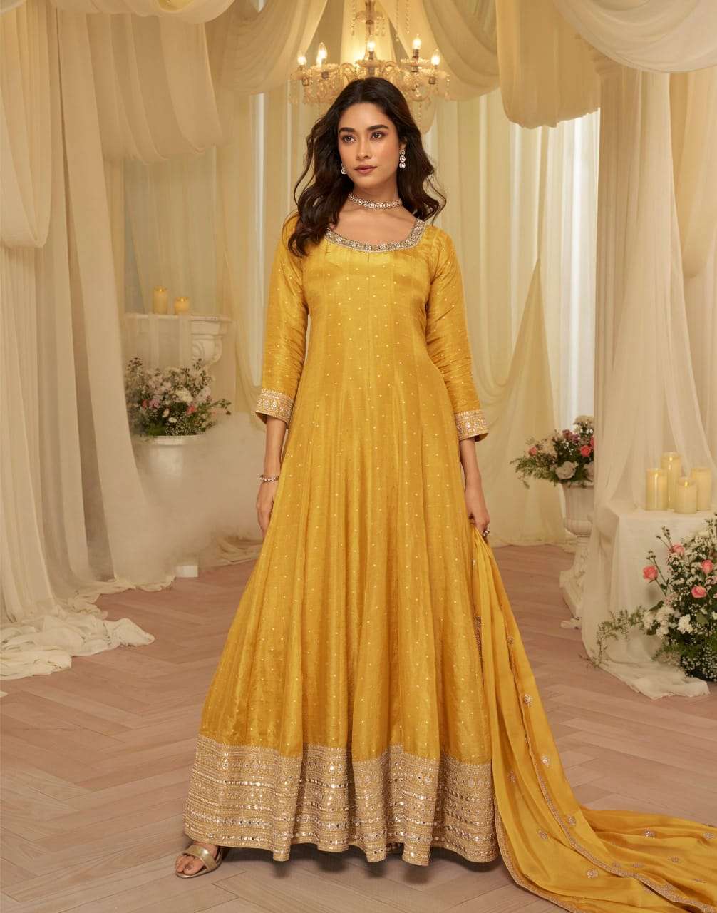 AARADHNA Regal Festive Edit Embroidered Silk Gown with Heavy Dupatta