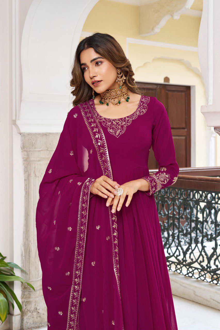 Signature Faux Georgette Gown with Heavy Hand-Feel Embroidery With Pant & Dupatta