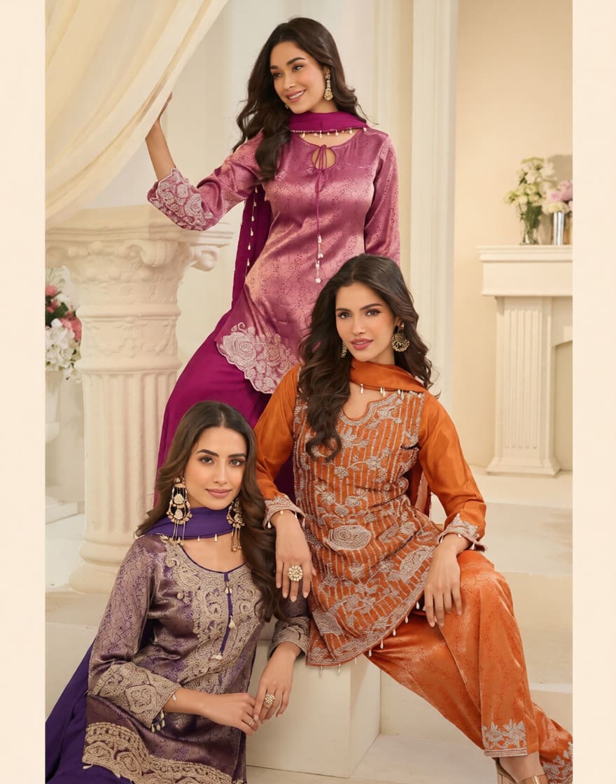Royal Jacquard Beaded Chinon Silk Partywear Suit