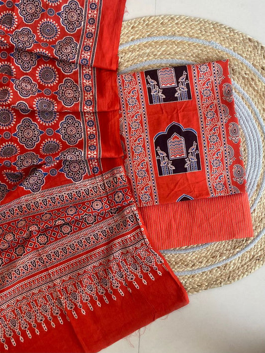 Ajrakh Cotton Suit Set With Cotton Dupatta – Premium Collection