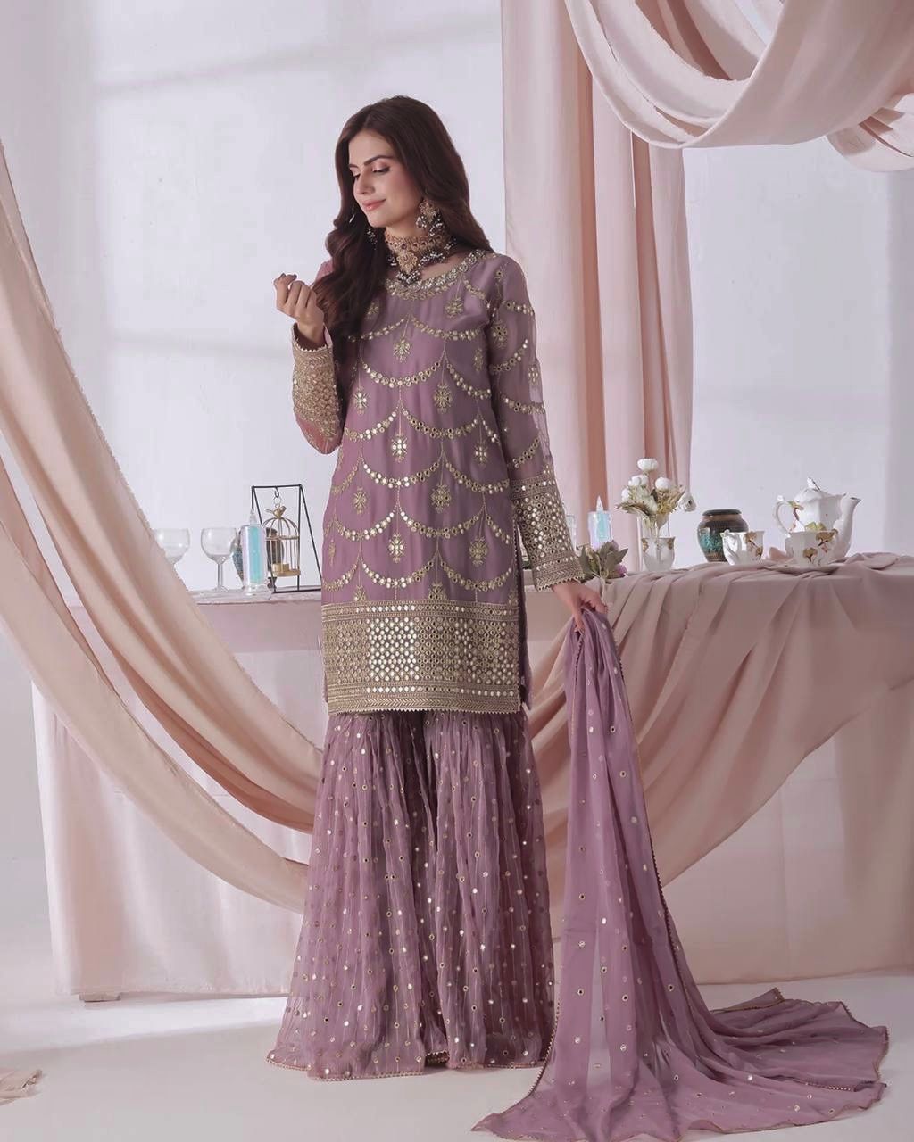 Shimmer Faux Georgette Embroidered Sharara Set