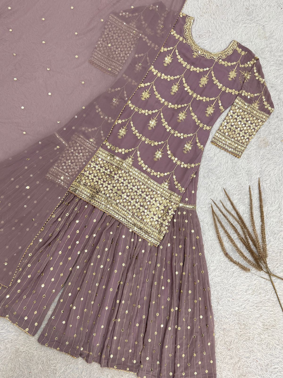 Shimmer Faux Georgette Embroidered Sharara Set