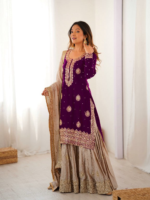 Pearl Majesty Chinon Silk Embroidered Sharara Set