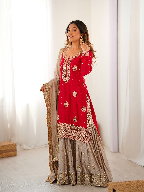 Pearl Majesty Chinon Silk Embroidered Sharara Set