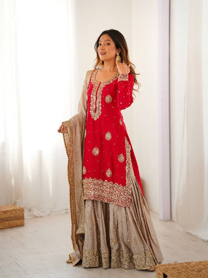 Pearl Majesty Chinon Silk Embroidered Sharara Set