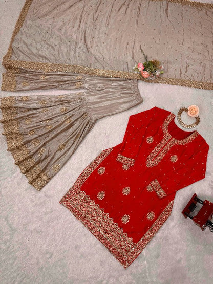 Pearl Majesty Chinon Silk Embroidered Sharara Set