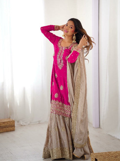 Pearl Majesty Chinon Silk Embroidered Sharara Set