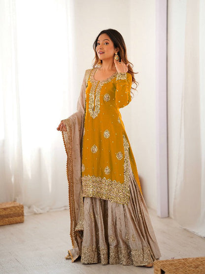 Pearl Majesty Chinon Silk Embroidered Sharara Set