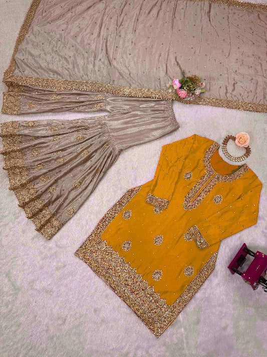 Pearl Majesty Chinon Silk Embroidered Sharara Set