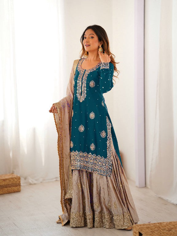 Pearl Majesty Chinon Silk Embroidered Sharara Set