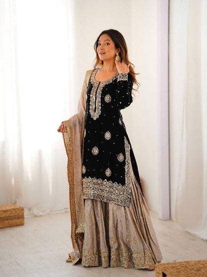 Pearl Majesty Chinon Silk Embroidered Sharara Set