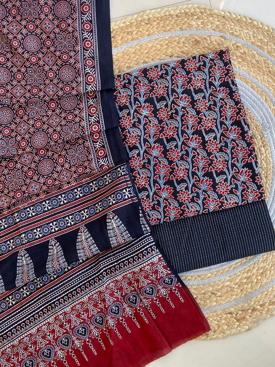 Ajrakh Cotton Suit Set With Cotton Dupatta – Premium Collection