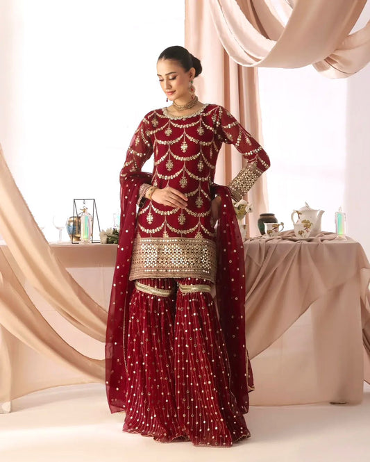 Shimmer Faux Georgette Embroidered Sharara Set