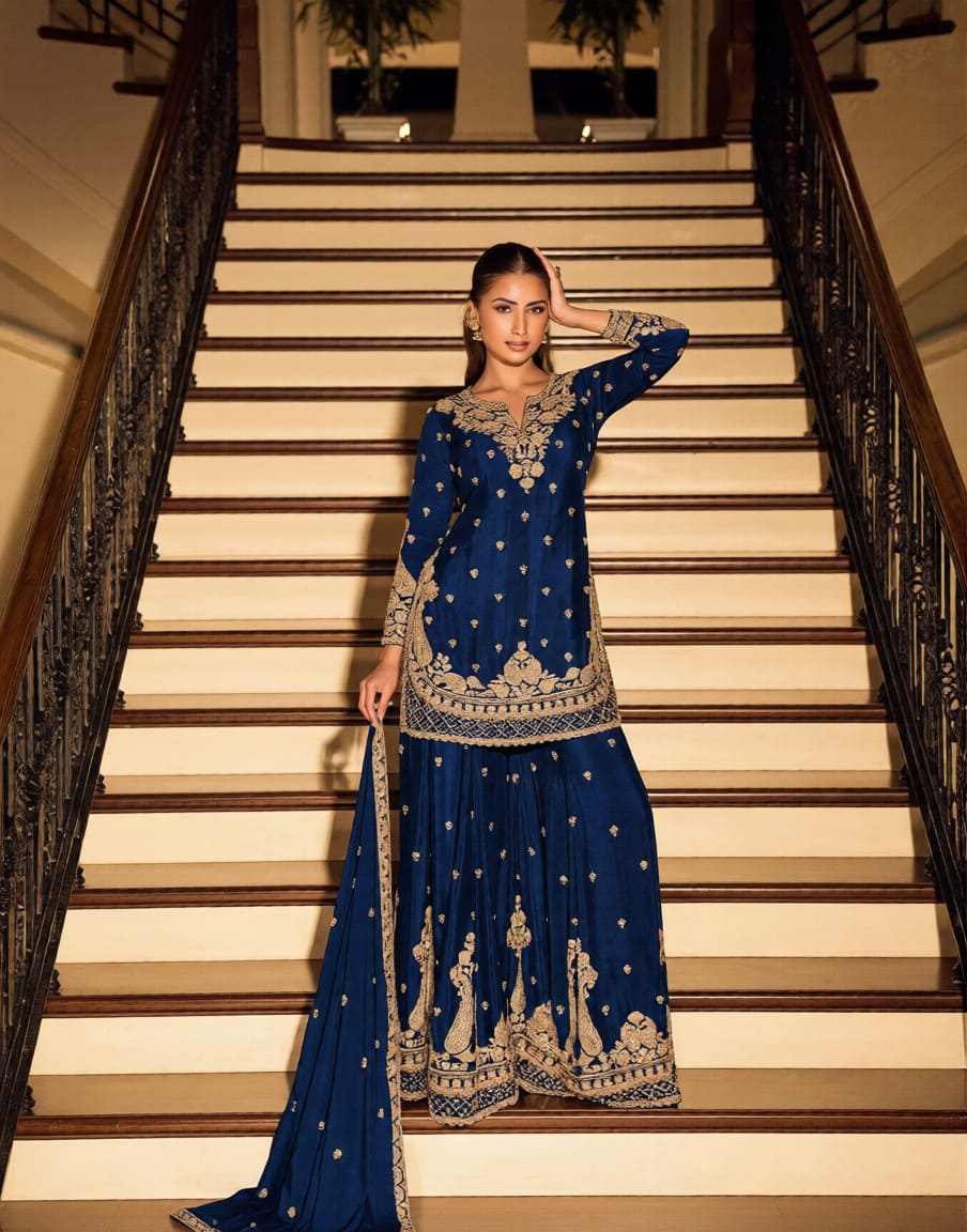 Kanchan Gold Couture Beaded Chinon Silk Festive Suit