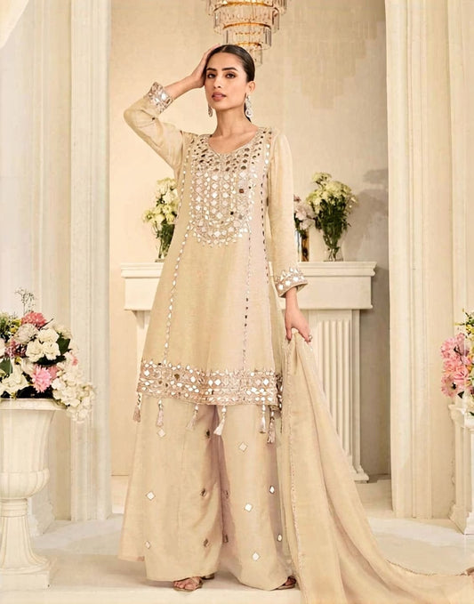 Elegant Mirror Work Simar Silk Partywear Sharara Suit