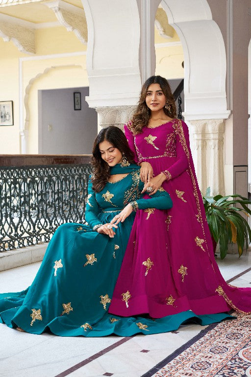 Elegant Party Wear Faux Georgette Gown With Pant & Dupatta