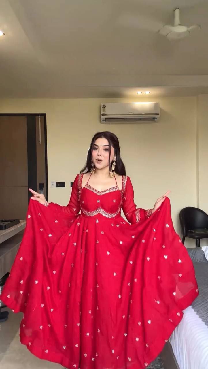 Heavy Faux Georgette Embroidered Anarkali Suit Set with Lace Border Dupatta