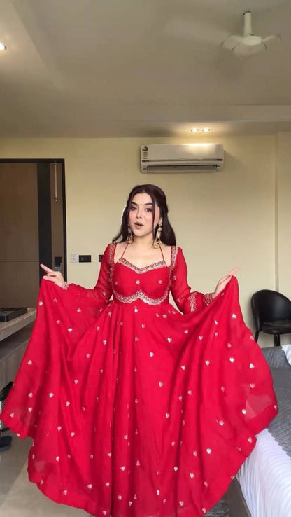 Heavy Faux Georgette Embroidered Anarkali Suit Set with Lace Border Dupatta