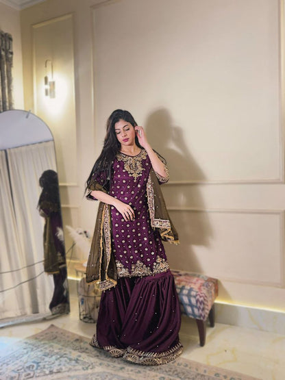 Vintage Radiance Chinon Silk Zari & Sequins Embroidered Sharara Set
