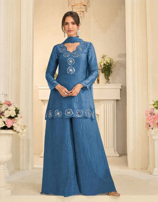 Luxury Mirror Work Chinon Silk Festive Sharara Suit Set