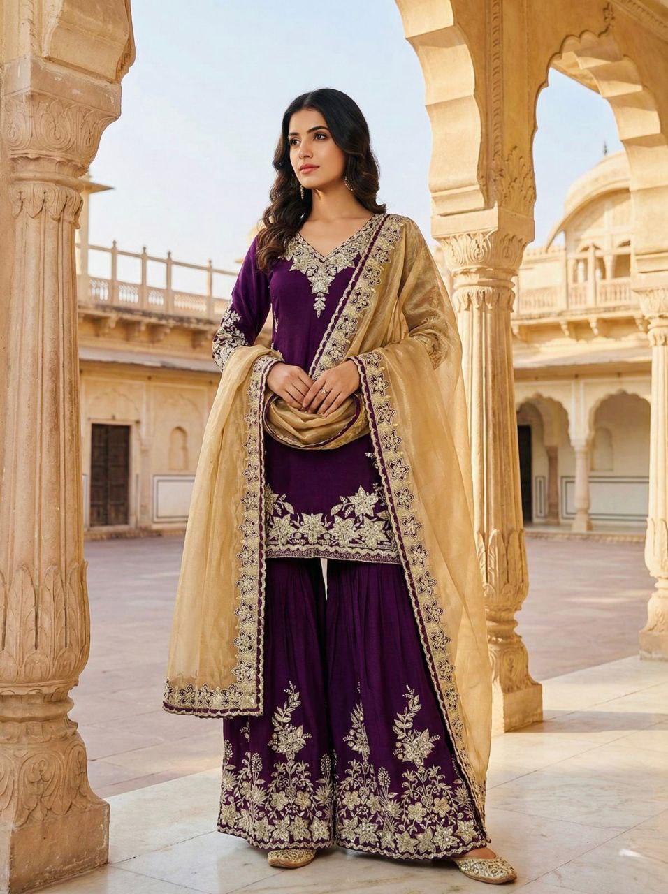 Designer Party Wear Chinnon Silk Heavy Embroidery Palazzo Set