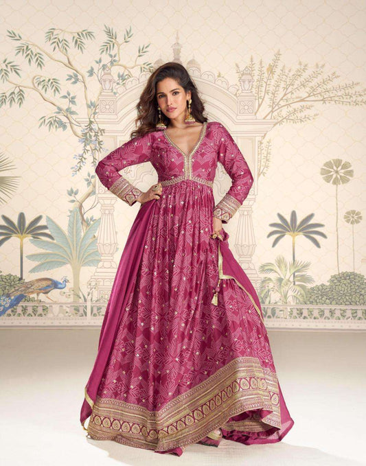 BANDHAN Regal Festive Collection – Embroidered Chinon Silk Gown Set