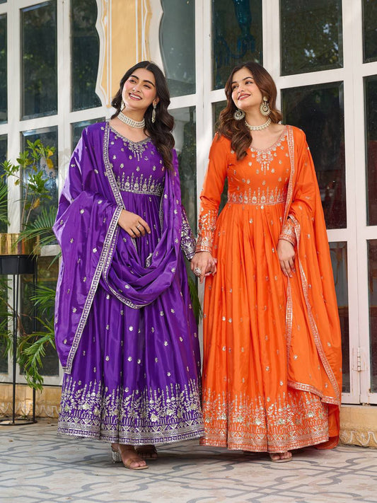 Exclusive  Designer American Silk Anarkali (Gwon) Set with Pent & Dupatta
