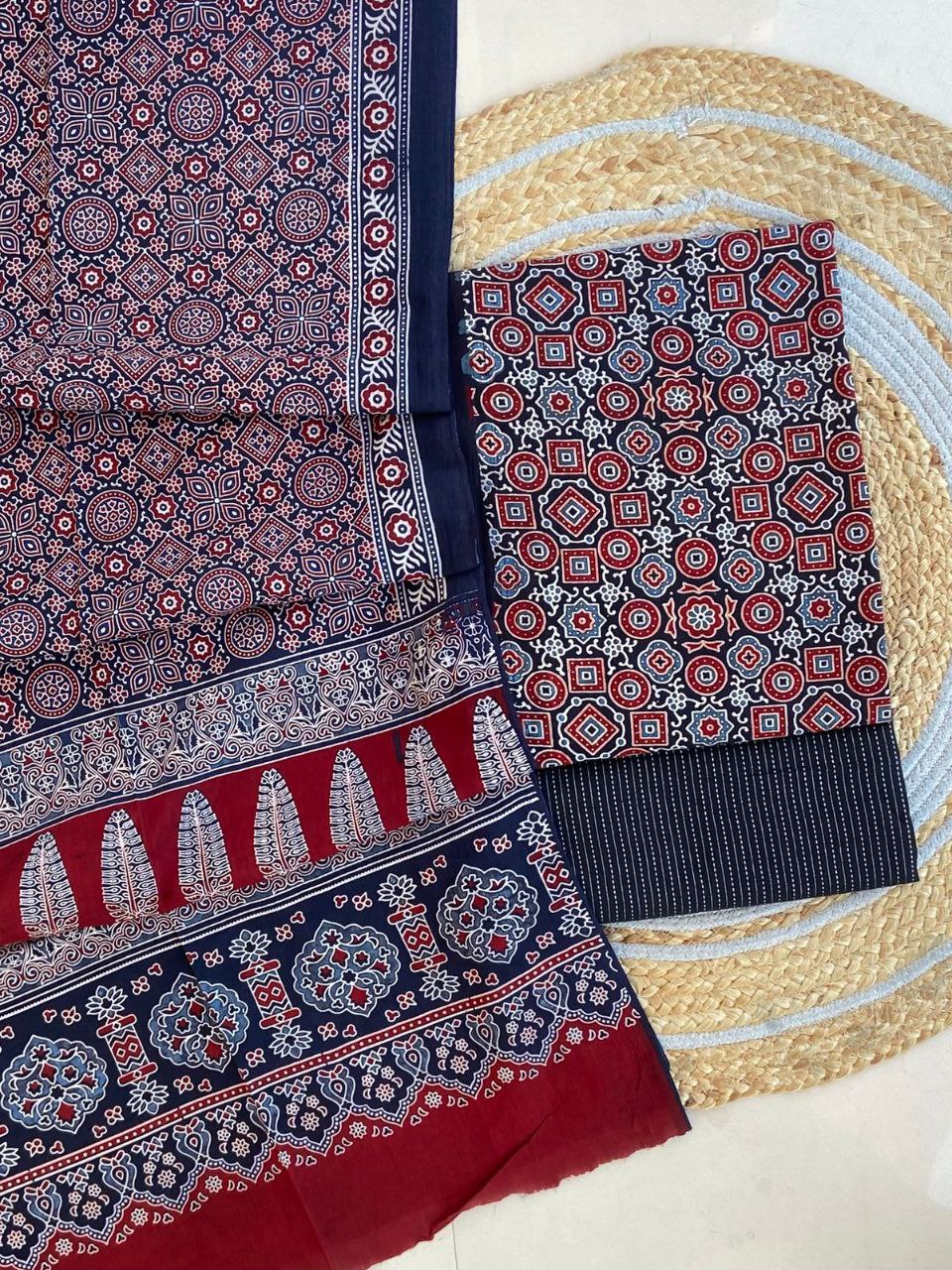 Ajrakh Cotton Suit Set With Cotton Dupatta – Premium Collection
