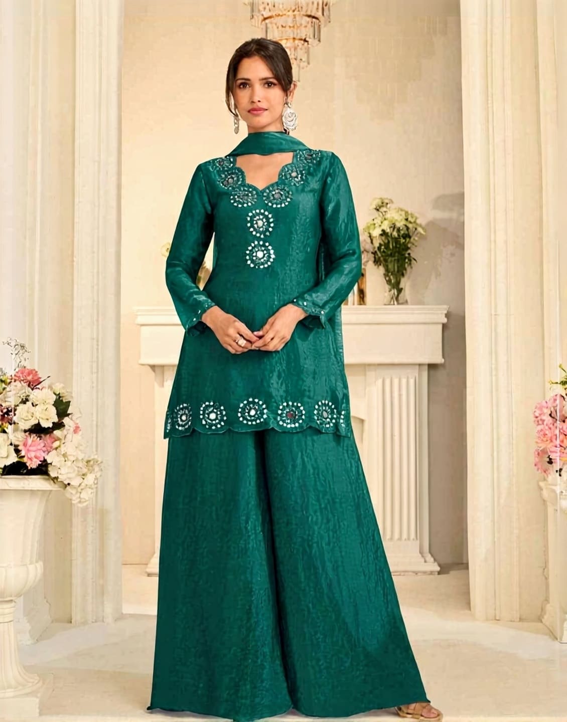 Luxury Mirror Work Chinon Silk Festive Sharara Suit Set