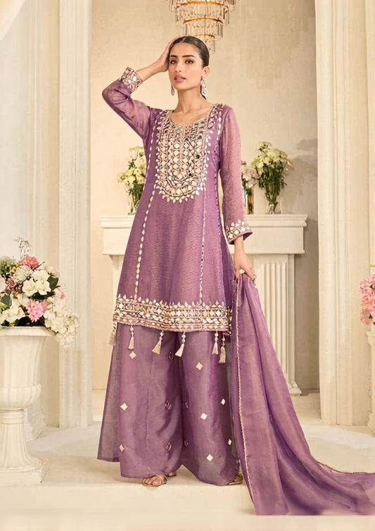Elegant Mirror Work Simar Silk Partywear Sharara Suit
