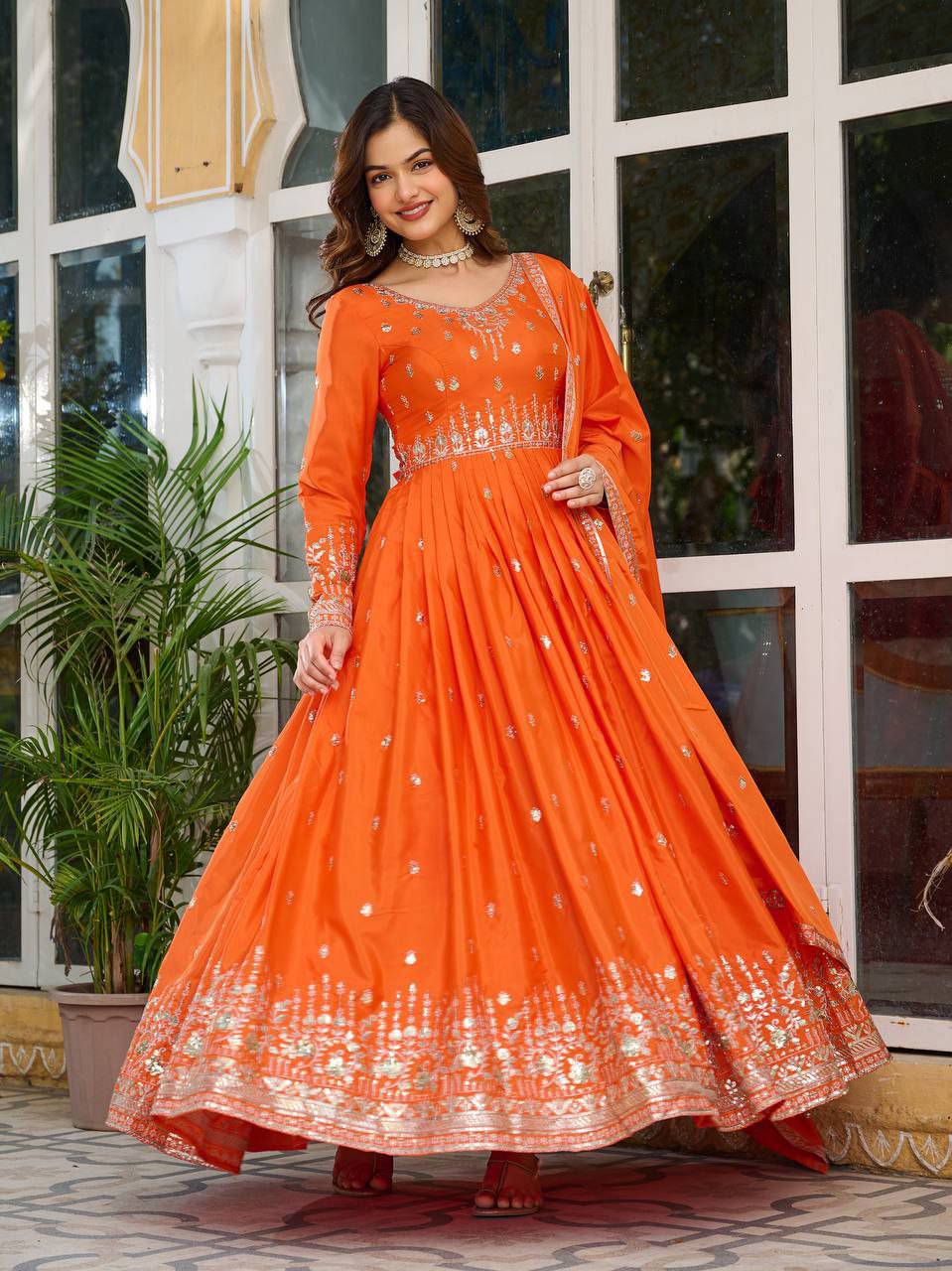 Exclusive  Designer American Silk Anarkali (Gwon) Set with Pent & Dupatta