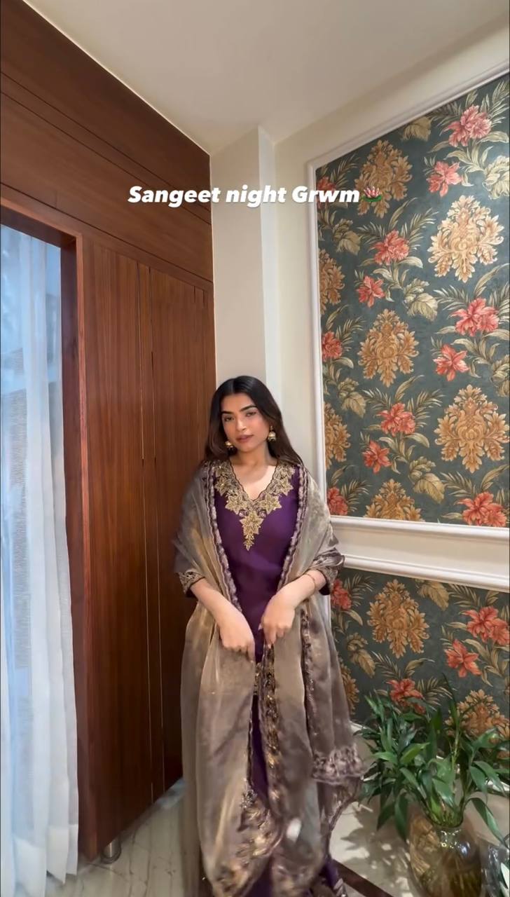Designer Party Wear Chinnon Silk Heavy Embroidery Palazzo Set