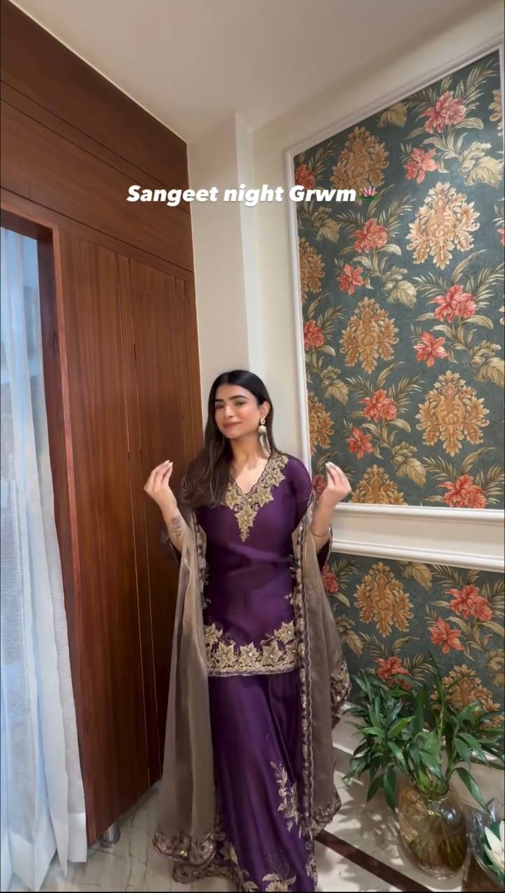Designer Party Wear Chinnon Silk Heavy Embroidery Palazzo Set