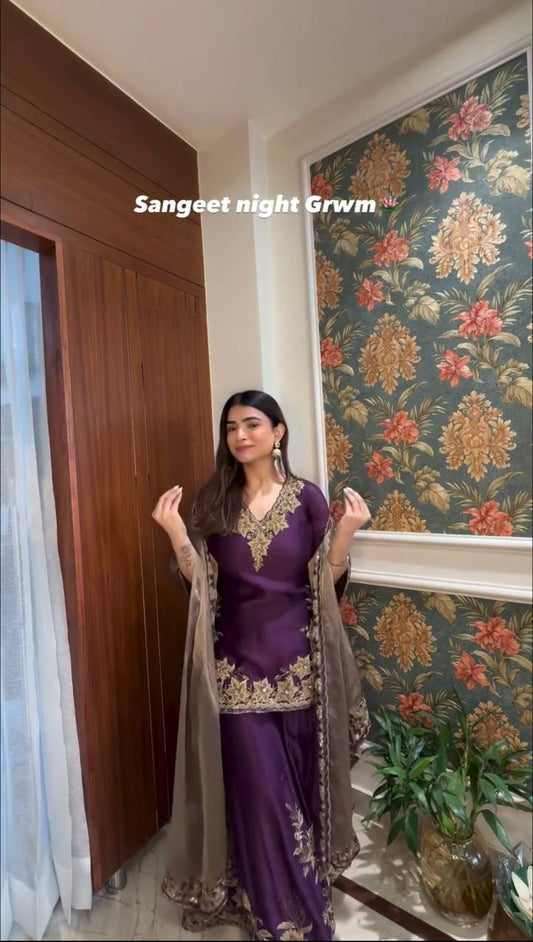 Designer Party Wear Chinnon Silk Heavy Embroidery Palazzo Set