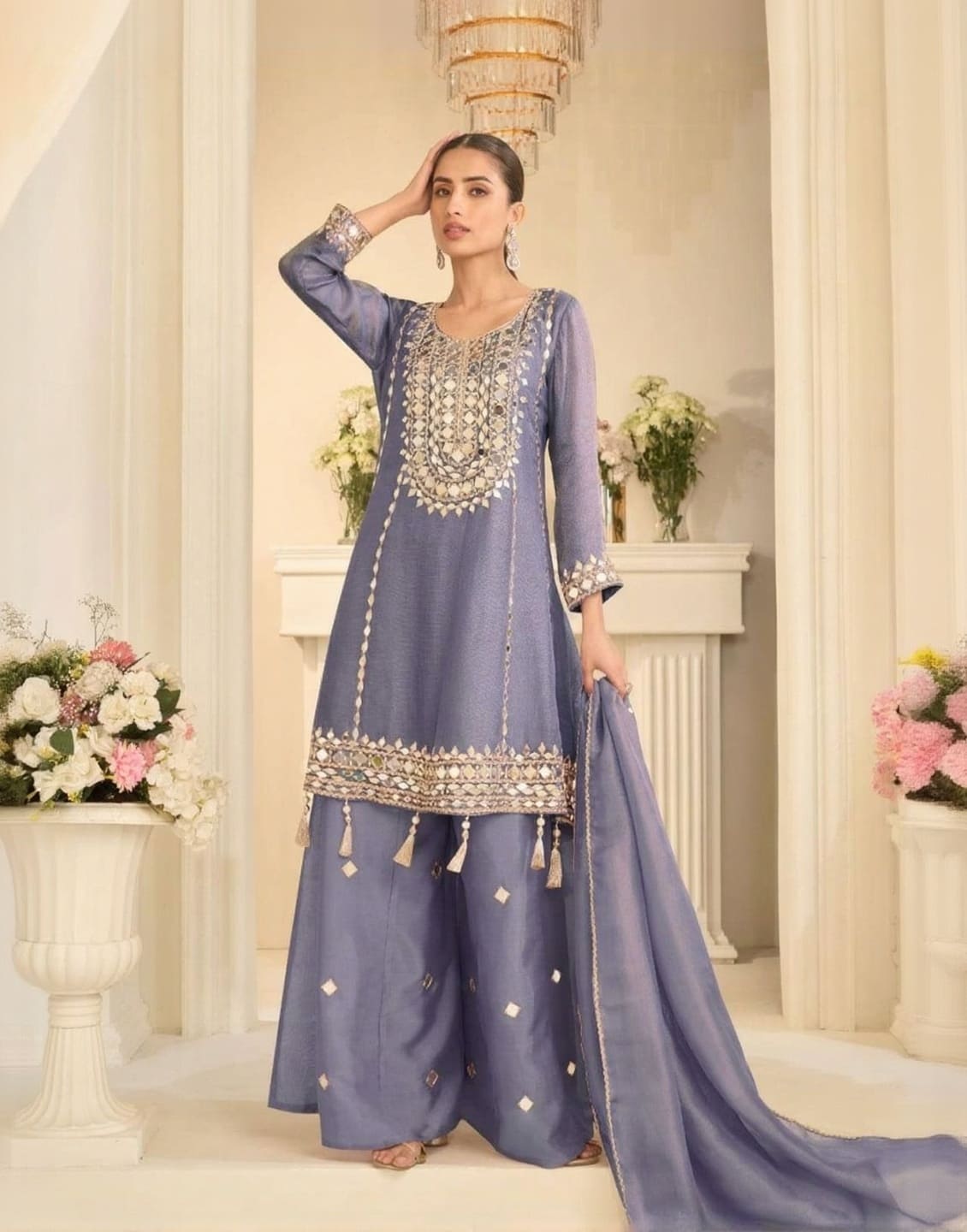 Elegant Mirror Work Simar Silk Partywear Sharara Suit