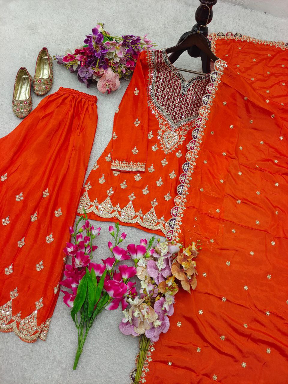 Regal Elegance Heavy Mirror Work Chinon Silk Ensemble