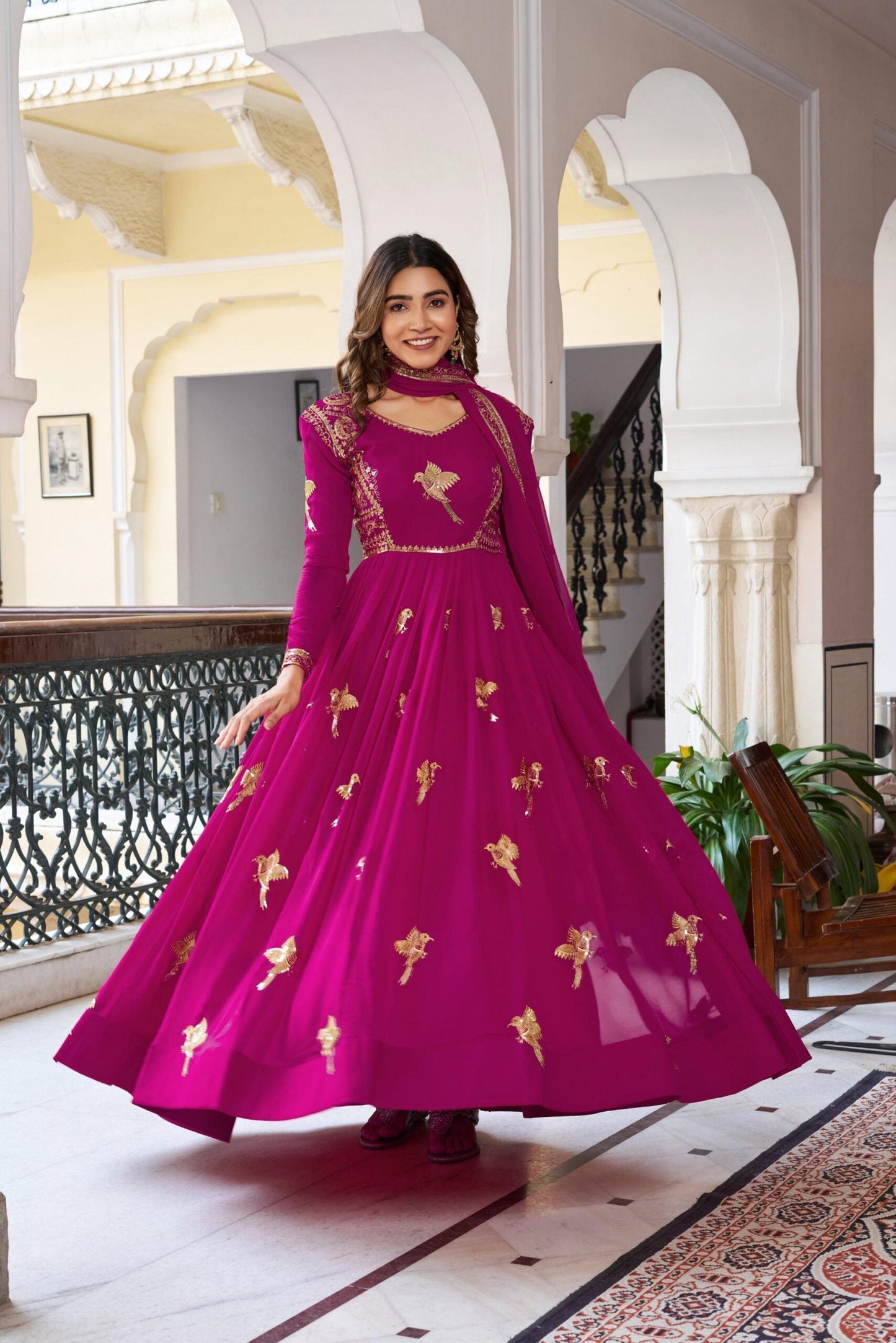 Elegant Party Wear Faux Georgette Gown With Pant & Dupatta