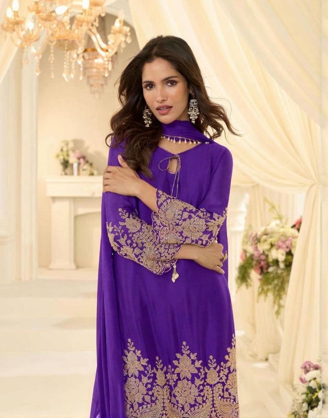 Beads Chinon Silk Designer Suit Set