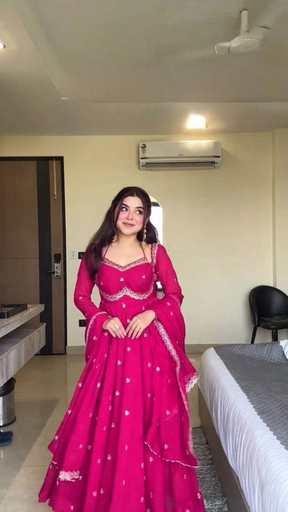 Heavy Faux Georgette Embroidered Anarkali Suit Set with Lace Border Dupatta