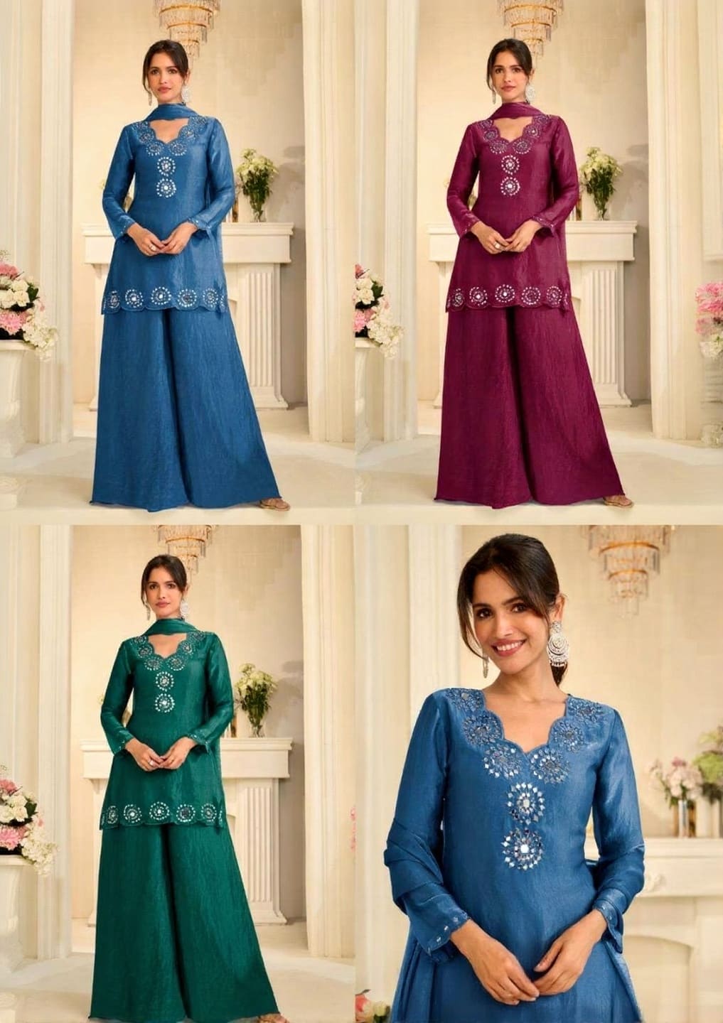Luxury Mirror Work Chinon Silk Festive Sharara Suit Set