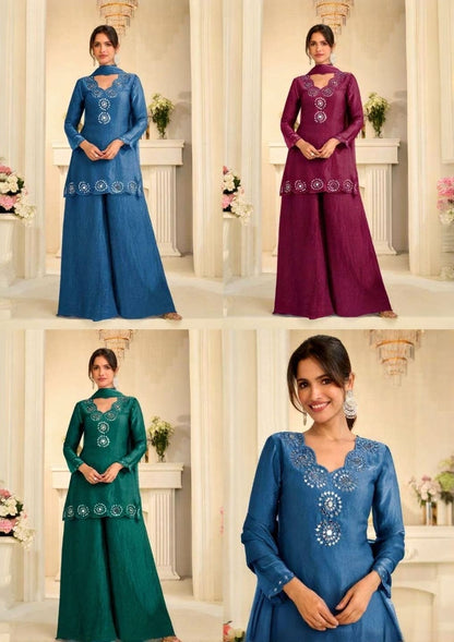Luxury Mirror Work Chinon Silk Festive Sharara Suit Set