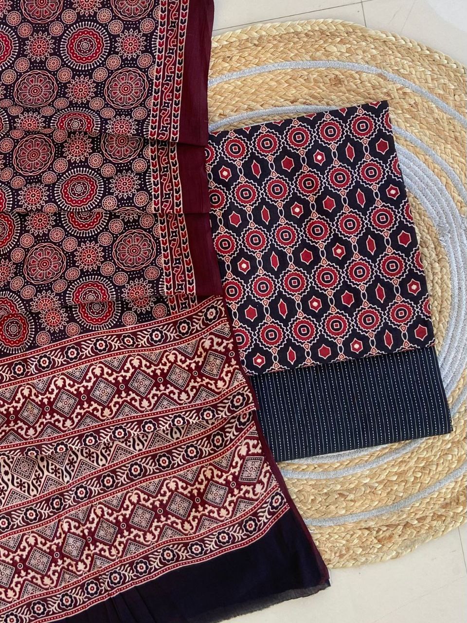 Ajrakh Cotton Suit Set With Cotton Dupatta – Premium Collection