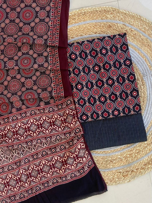 Ajrakh Cotton Suit Set With Cotton Dupatta – Premium Collection